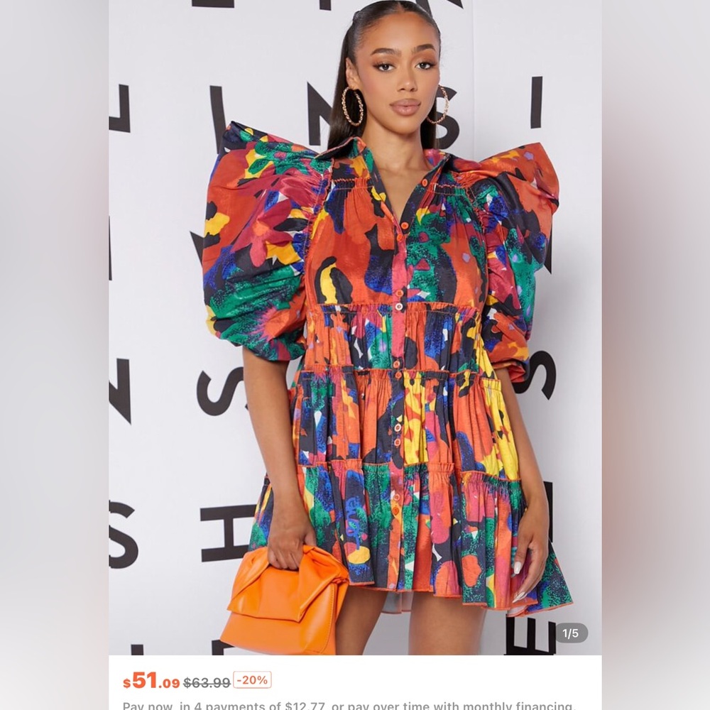 SHEIN abstract print exaggerated puff sleeve button up shirt Dress